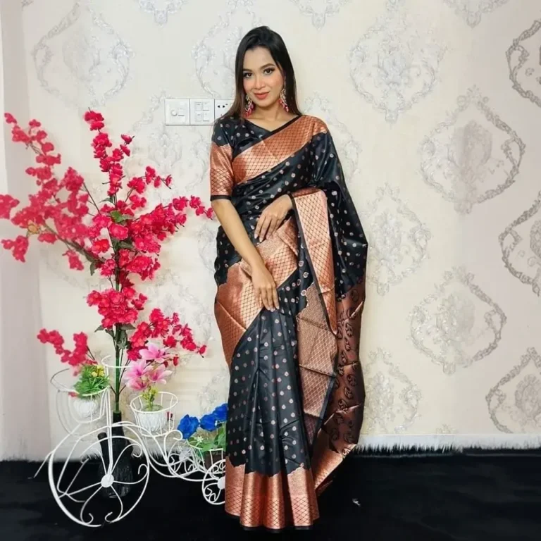 Black & Salmon Run Premium Katan Saree কাতান শাড়ি